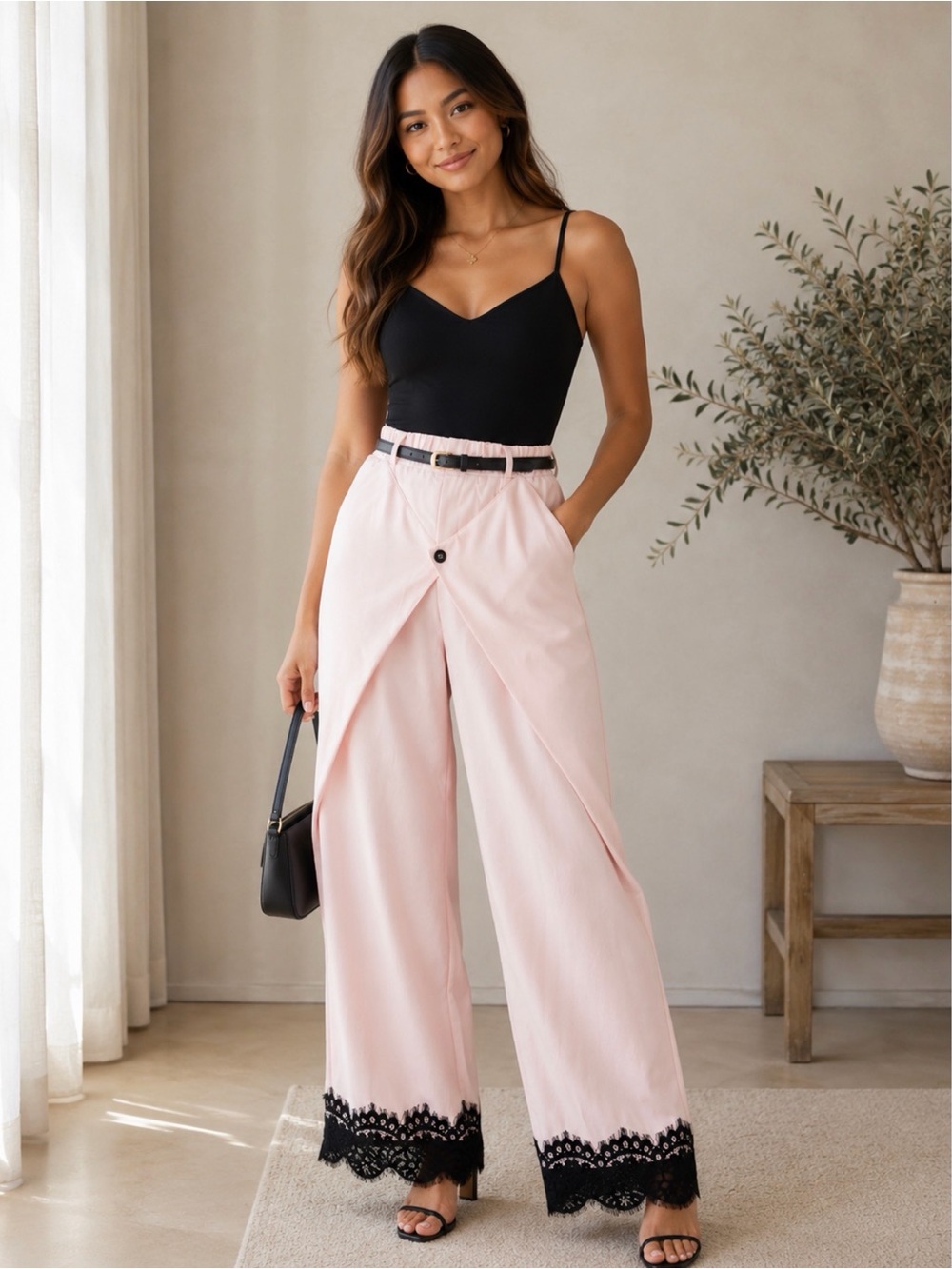 High-Rise Pink Wide-Leg Lace Hem Pants